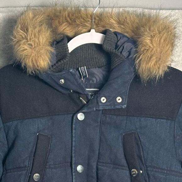 Zara Man Sz Small Dark Blue‎ Chambray Coat Removable Fur Collar Wool insulated - Picture 3 of 9